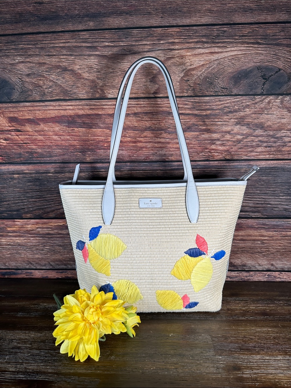 Kate Spade New York Ash Straw Lemon Zest large tote bag!